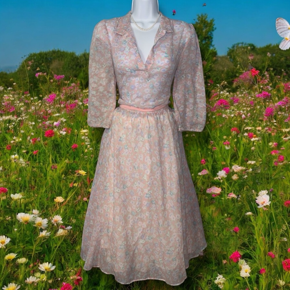 American Vintage ~80s Avon Fashions Sheer Pink Pastel Floral Tie Waist Dress